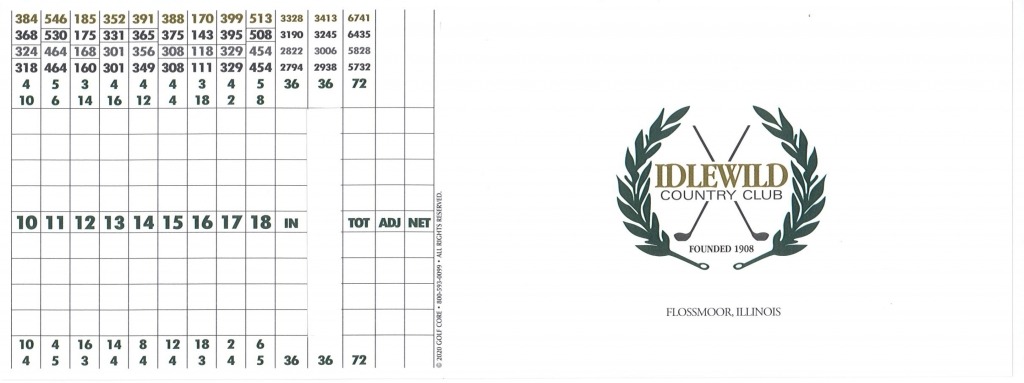 Scorecard for Idlewild Country Club in Flossmoor, Illinois, detailing hole scores, par values, and totals for a round of golf.
