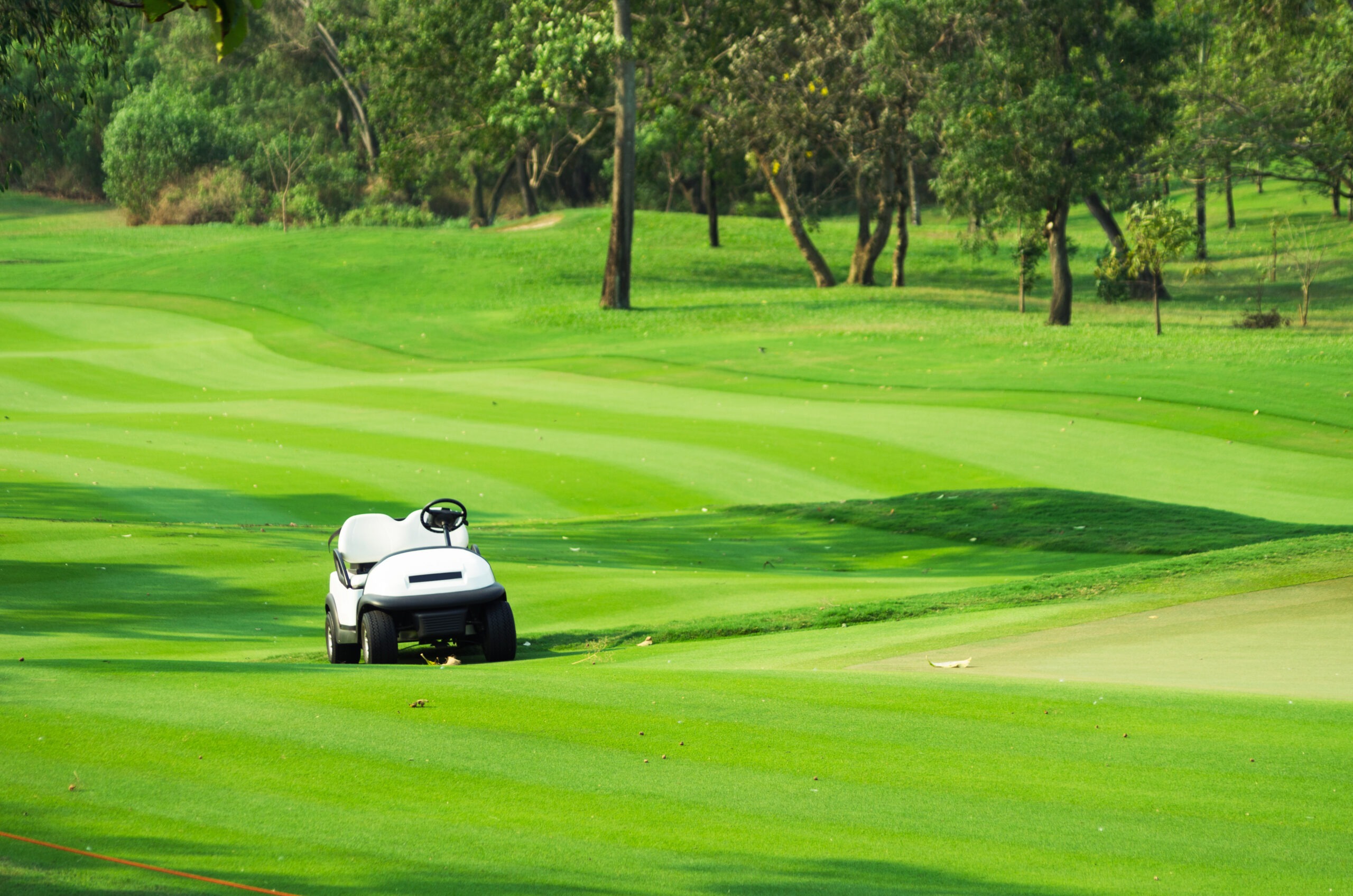 Golf course with golf car on fairway