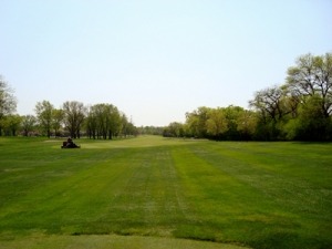 Lush green golf course fairway stretches into the distance, with a mower in operation, showcasing the course's maintenance and care.