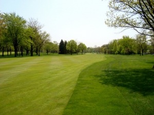 Lush, manicured golf course fairway lines a sunny landscape, showcasing vibrant green grass and trees, illustrating a serene outdoor recreational setting.